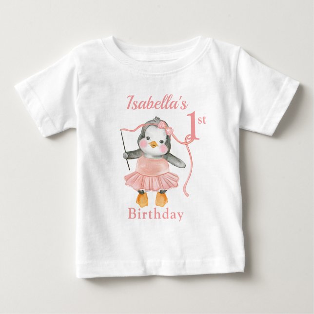 1st Birthday Ballerina Penguin Pink  Baby T-Shirt (Front)