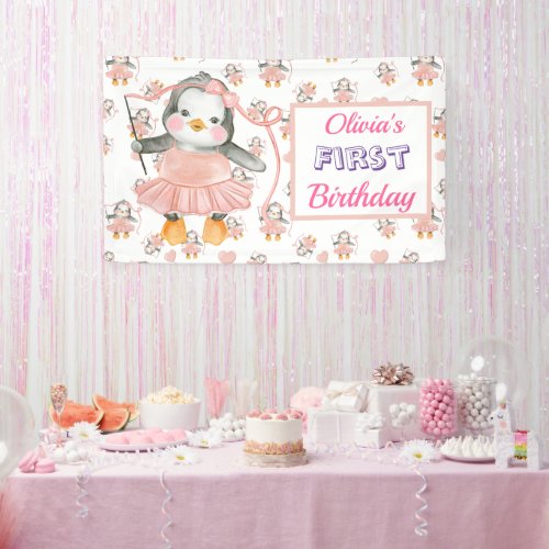 1st Birthday Ballerina Penguin Pink Banner