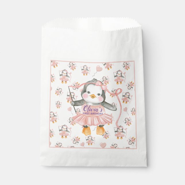 1st Birthday Ballerina Penguin Pink  Favor Bag (Front)