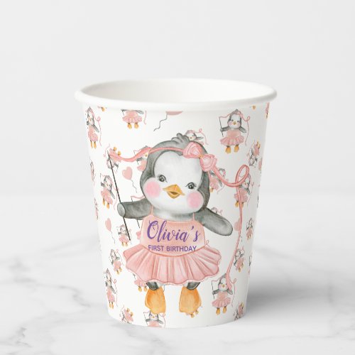 1st Birthday Ballerina Penguin Pink Paper Cups