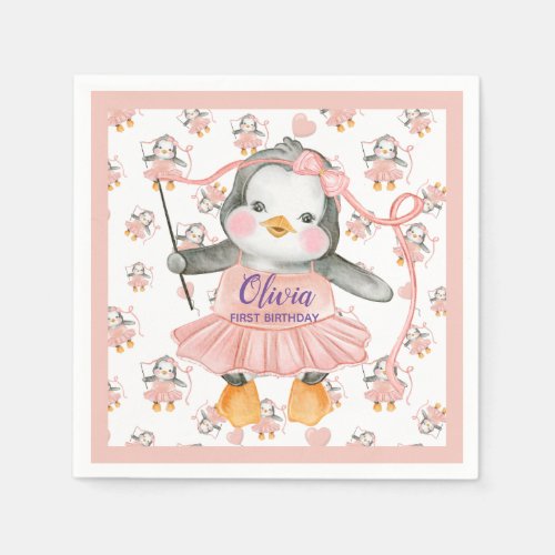 1st Birthday Ballerina Penguin Pink Paper Napkin