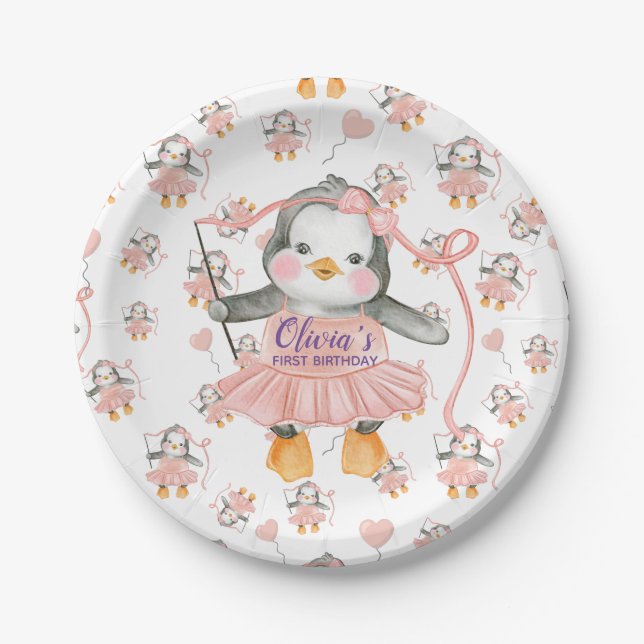 1st Birthday Ballerina Penguin Pink  Paper Plates (Front)