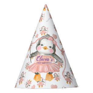 1st Birthday Ballerina Penguin Pink Party Hat