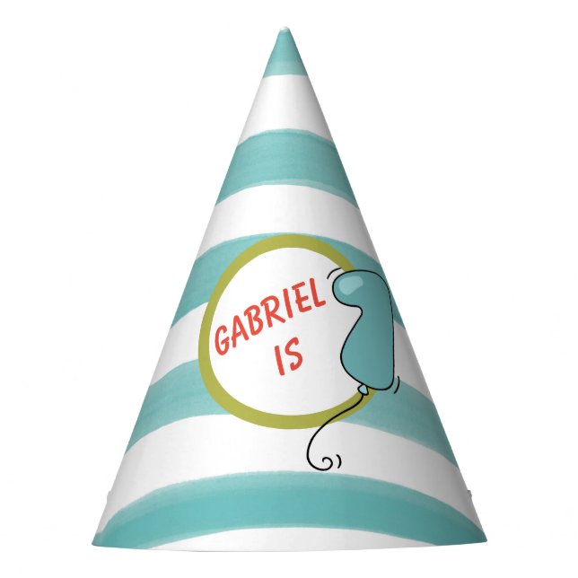 1st Birthday Balloon - Blue Green Orange Stripe Party Hat (Front)