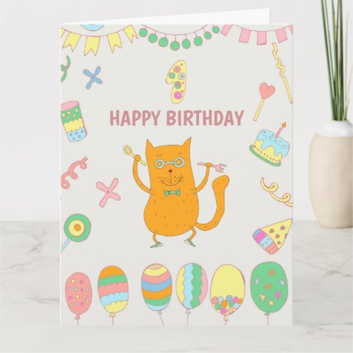 1st birthday Balloons and red cat Card