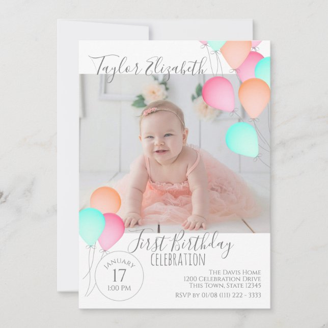 1st Birthday Balloons Bright Colorful Festive Invitation (Front)