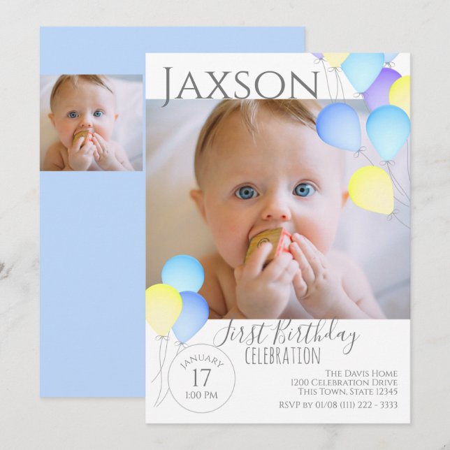 1st Birthday Balloons Bright Colorful Festive Invitation (Front/Back)