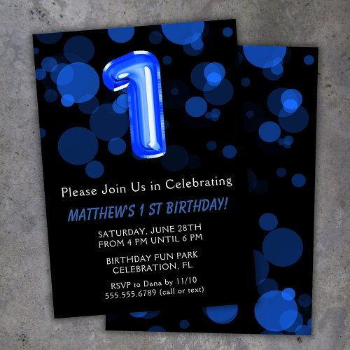1st Birthday Balloons Kids Blue Boy Party Invitation