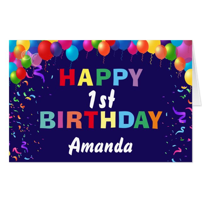 1st Birthday Balloons Navy Blue Extra Large Jumbo Card (Front Horizontal)