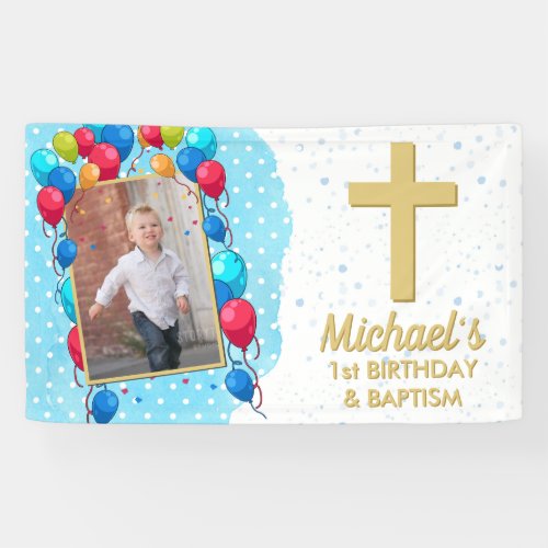 1st Birthday Baptism Blue Boy Gold Text Photo Banner