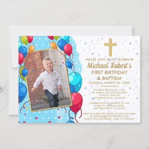 1st Birthday Baptism Blue Gold Text Photo Balloons Invitation