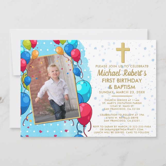 1st Birthday Baptism Blue Gold Text Photo Balloons Invitation (Front)