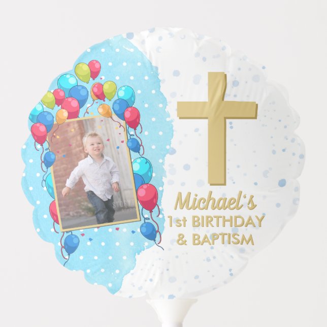 1st Birthday Baptism Blue Photo Christening Balloon (Front)