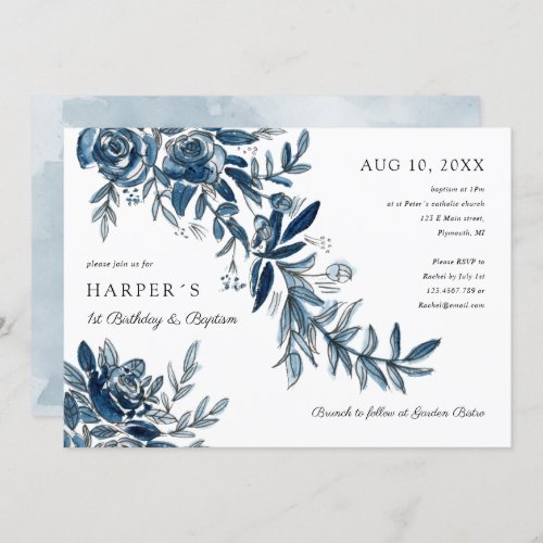 1st Birthday Baptism blue watercolor floral Invitation