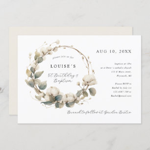 1st Birthday Baptism cotton & eucalyptus wreath Invitation