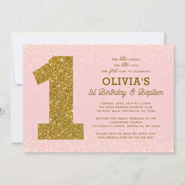 1st Birthday Baptism Invitation Pink Gold Girl | Zazzle