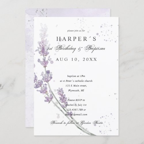 1st Birthday Baptism lavender flowers Invitation