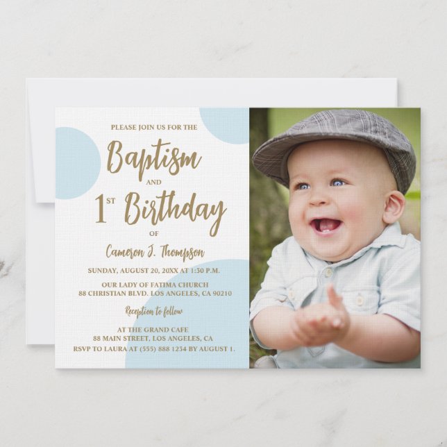 1st Birthday Baptism Photo Blue Gold Custom Invitation (Front)