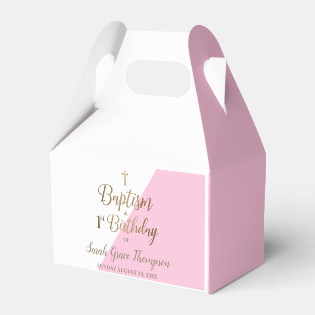 1st Birthday baptism Pink baby girl Favor Box (Back Side)