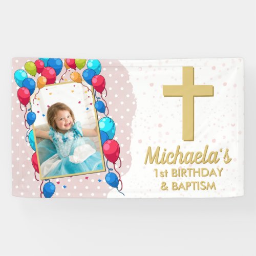 1st Birthday Baptism Pink Girl Gold Text Photo Banner