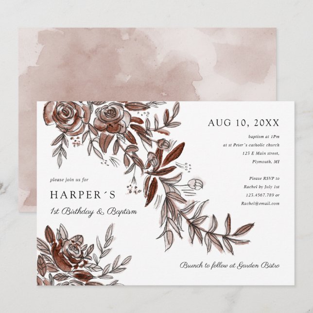 1st Birthday Baptism pink watercolor floral Invitation (Front/Back)