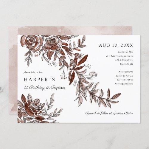 1st Birthday Baptism pink watercolor floral Invitation
