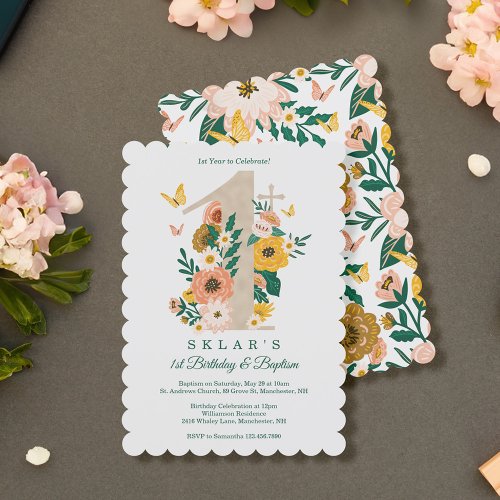 1st Birthday  Baptism Spring Florals Butterflies Invitation