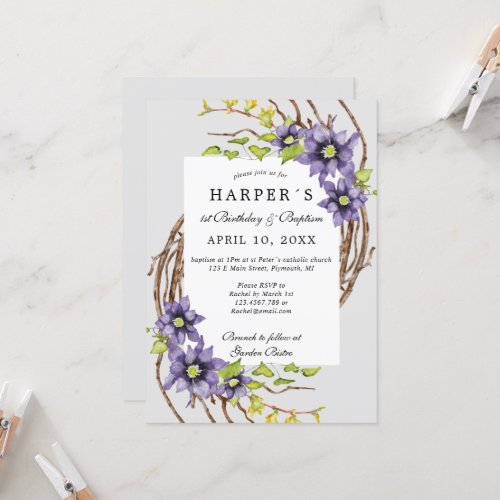 1st Birthday Baptism spring flowers and bare twigs Invitation