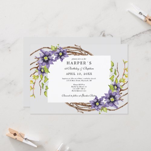 1st Birthday Baptism spring flowers and bare twigs Invitation