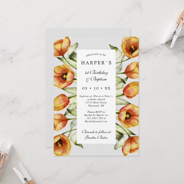 1st Birthday Baptism spring flowers and tulips Invitation (Front/Back In Situ)