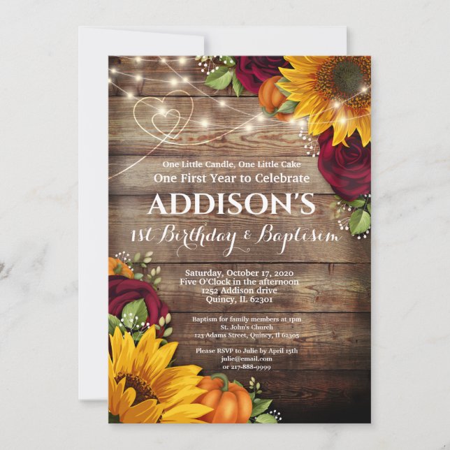 1st Birthday Baptism Sunflower, Pumpkin & Roses Invitation (Front)