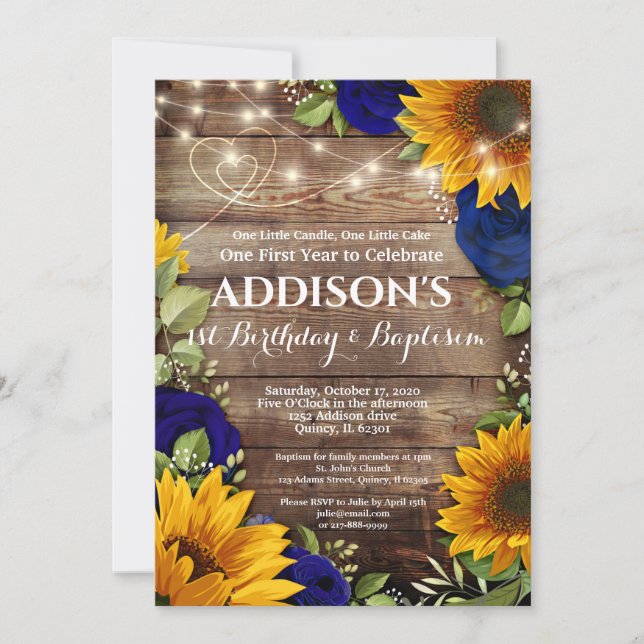 1st Birthday Baptism Sunflower & Roses Invitation (Front)