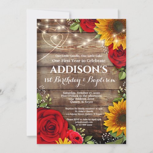 1st Birthday Baptism Sunflower  Roses Invitation