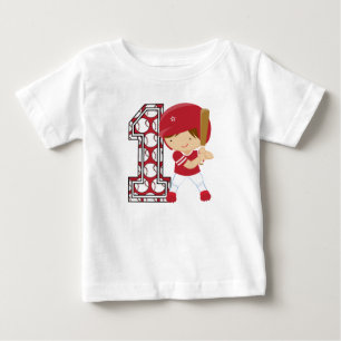 1st Birthday Baseball Batter Red and White Baby T-Shirt