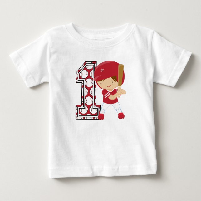 1st Birthday Baseball Batter Red and White Baby T-Shirt (Front)