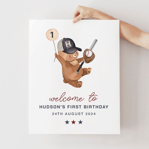 1st Birthday Baseball Bear Banner _ Welcome Sign