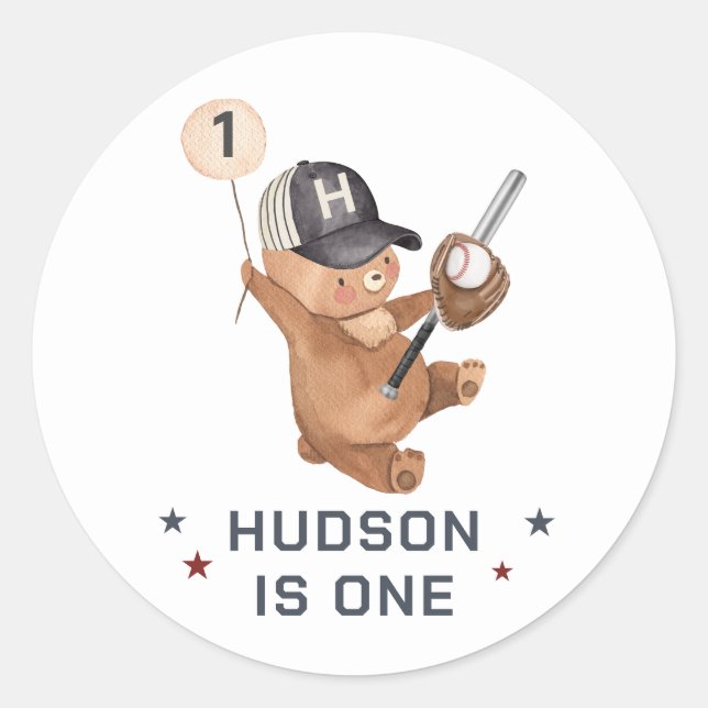 1st Birthday Baseball Bear Classic Round Sticker (Front)