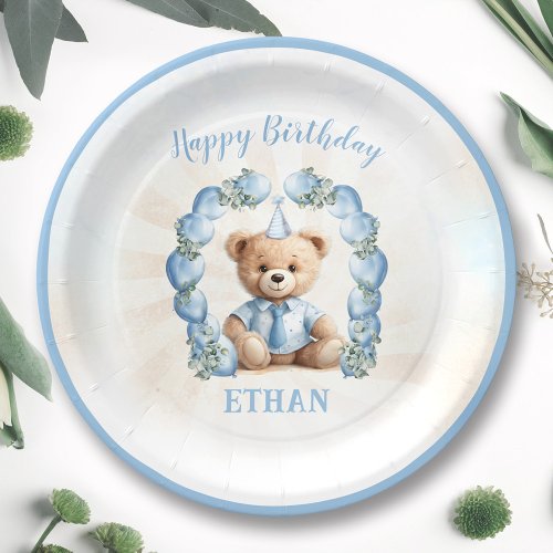 1st Birthday Bear Blue Balloon Arch Paper Plates