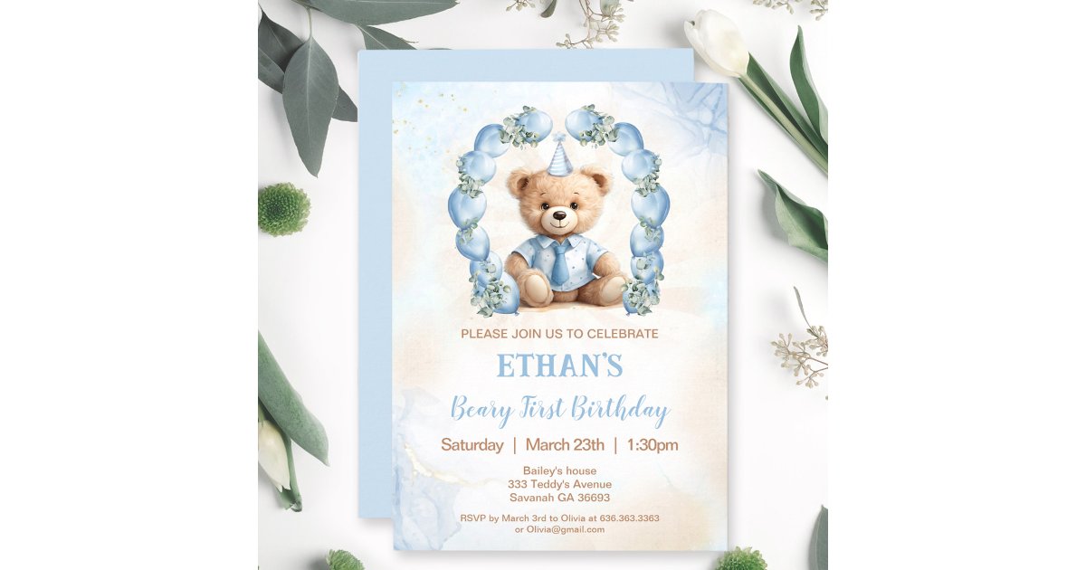 1st Birthday Bear Blue Balloons Invitation | Zazzle