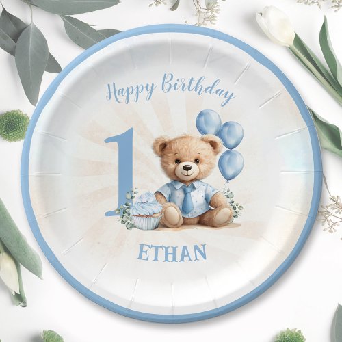 1st Birthday Bear Blue Balloons Paper Plates