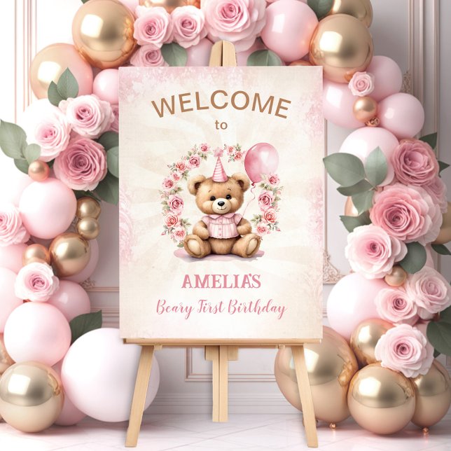 1st Birthday Bear Girl Pink Roses Welcome Foam Board (1st Birthday Bear Girl Pink Roses Welcome Foam Board)