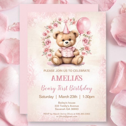 1st Birthday Bear Pink Roses Invitation