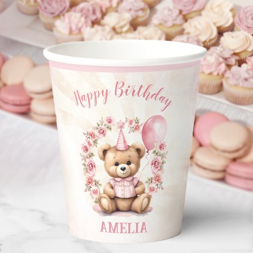 1st Birthday Bear Pink Roses Paper Cups