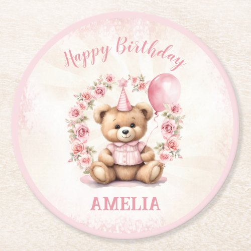 1st Birthday Bear Pink Roses Round Paper Coaster