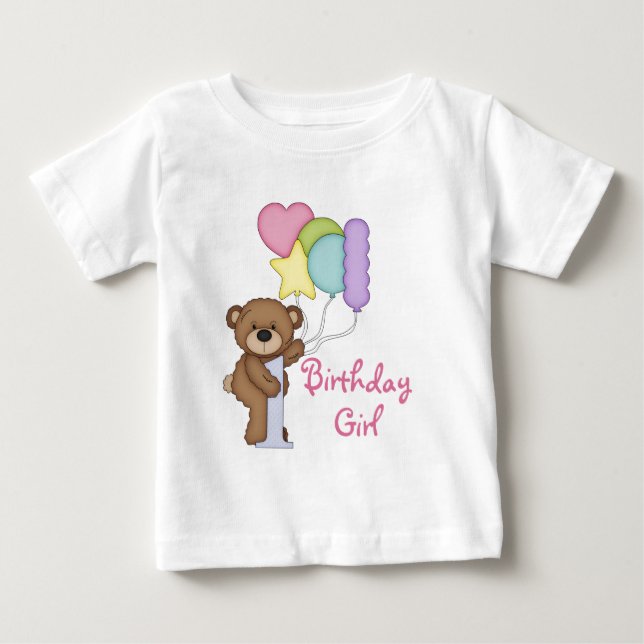 1st Birthday Bear with Balloons Birthday Girl Baby T-Shirt (Front)