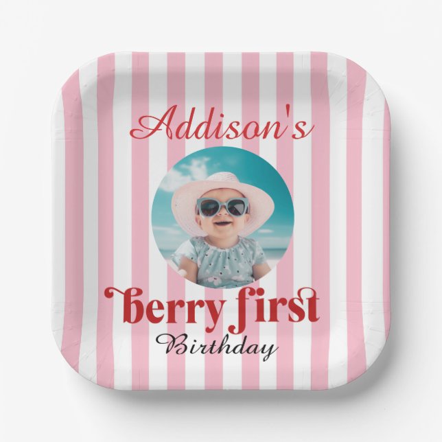 1st Birthday Berry-Sweet Birthday with Photo  Paper Plates (Front)