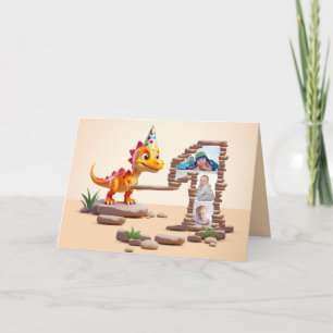 1st Birthday Big Number Photo Dino Little Dragon Card