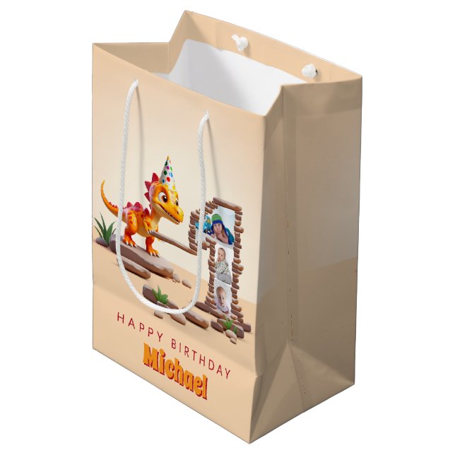 1st Birthday Big Number Photo | Little Dino Dragon Medium Gift Bag (Front Angled)