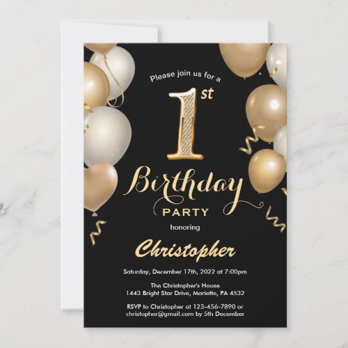 1st Birthday Black and Gold Balloons Confetti Invitation