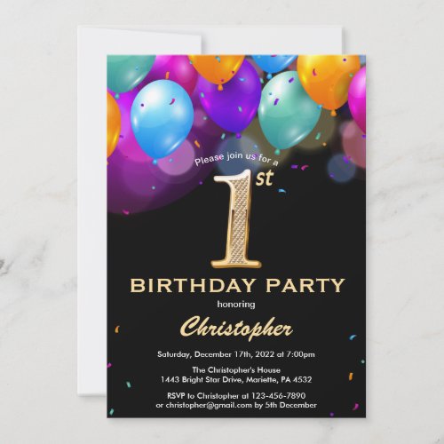 1st Birthday Black and Gold Colorful Balloons Invitation